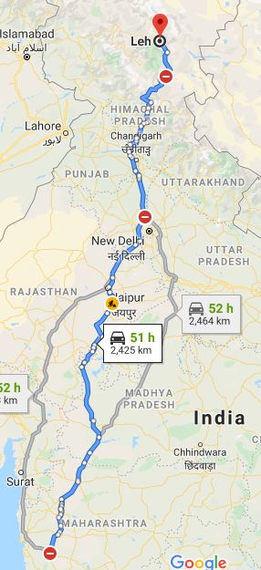 Pune To leh Bike trip route